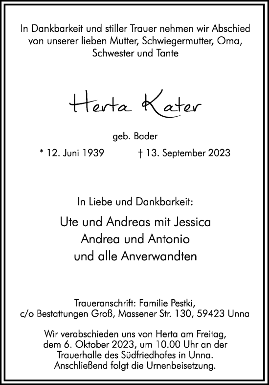 Traueranzeige von Herta Kater von Hellweger Anzeiger