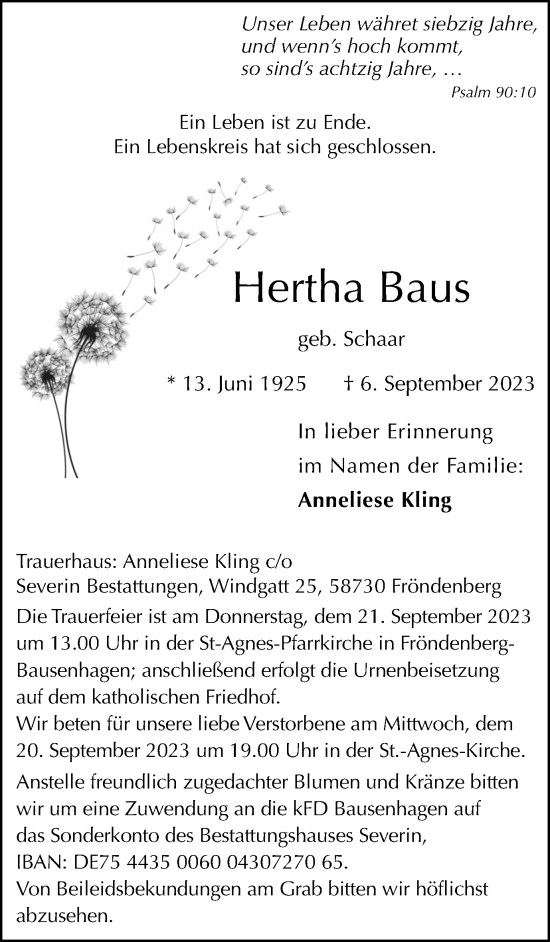 Traueranzeige von Hertha Baus von Hellweger Anzeiger