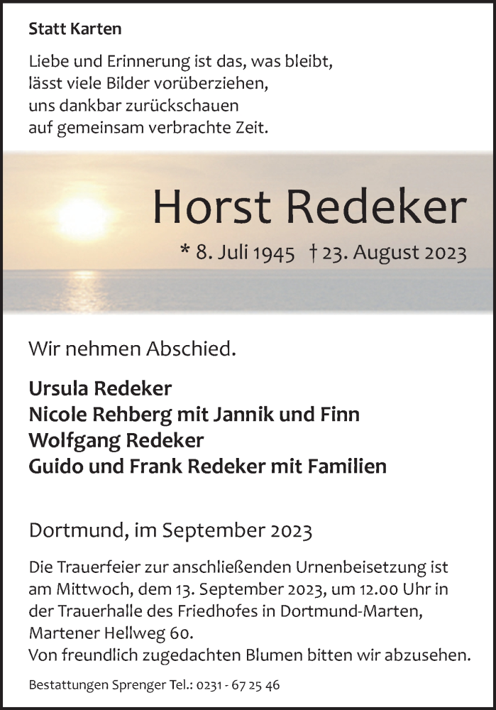  Traueranzeige für Horst Redeker vom 09.09.2023 aus 
