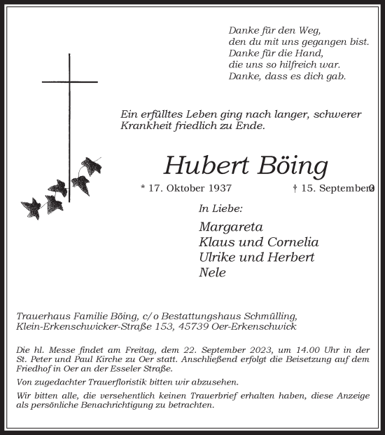 Traueranzeige von Hubert Böing