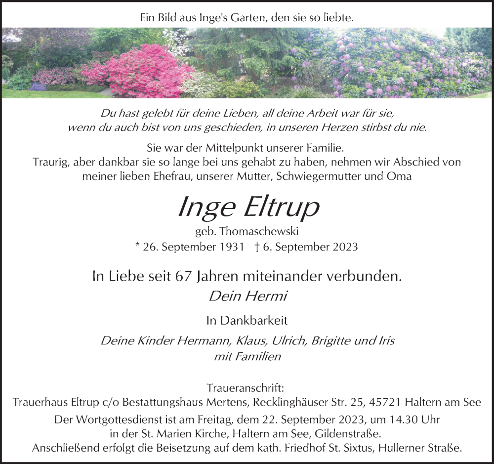  Traueranzeige für Inge Eltrup vom 16.09.2023 aus Ruhr Nachrichten und Halterner Zeitung