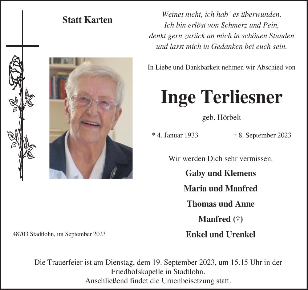  Traueranzeige für Inge Terliesner vom 16.09.2023 aus Münstersche Zeitung und Münsterland Zeitung
