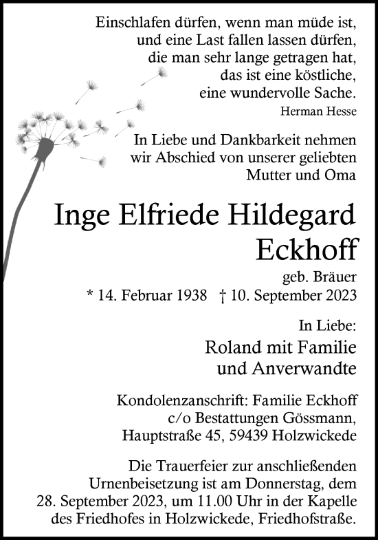 Traueranzeige von Inge Elfriede Hildegard Eckhoff von Hellweger Anzeiger
