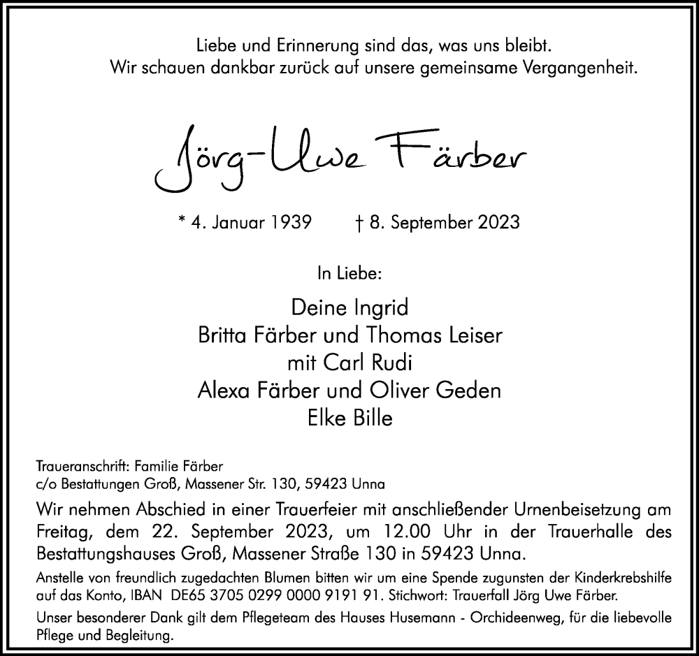  Traueranzeige für Jörg-Uwe Färber vom 16.09.2023 aus Hellweger Anzeiger