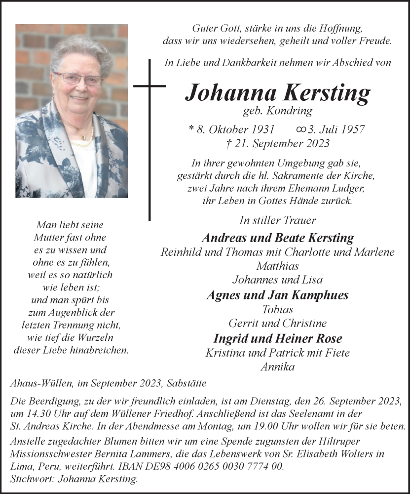  Traueranzeige für Johanna Kersting vom 25.09.2023 aus Münstersche Zeitung und Münsterland Zeitung