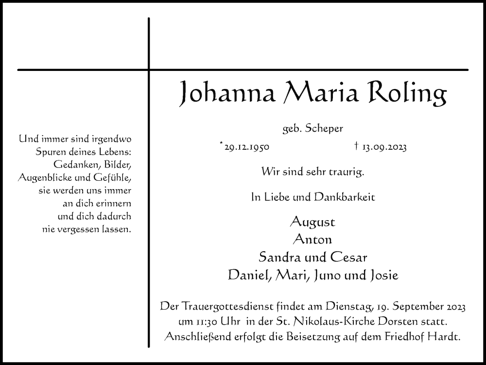  Traueranzeige für Johanna Maria Roling vom 16.09.2023 aus Ruhr Nachrichten und Dorstener Zeitung