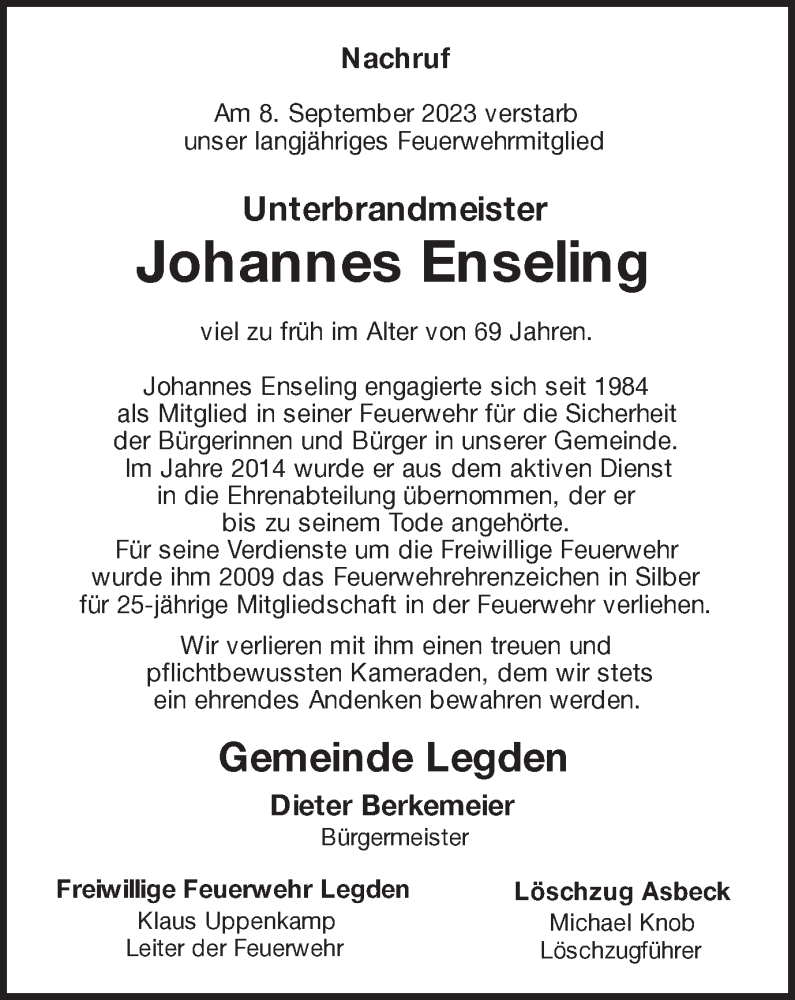 Traueranzeige für Johannes Enseling vom 14.09.2023 aus Münstersche Zeitung und Münsterland Zeitung