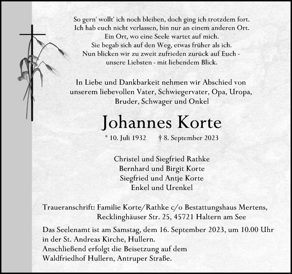  Traueranzeige für Johannes Korte vom 13.09.2023 aus Ruhr Nachrichten und Halterner Zeitung