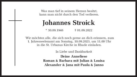 Traueranzeige von Johannes Stroick von Ruhr Nachrichten und Dorstener Zeitung
