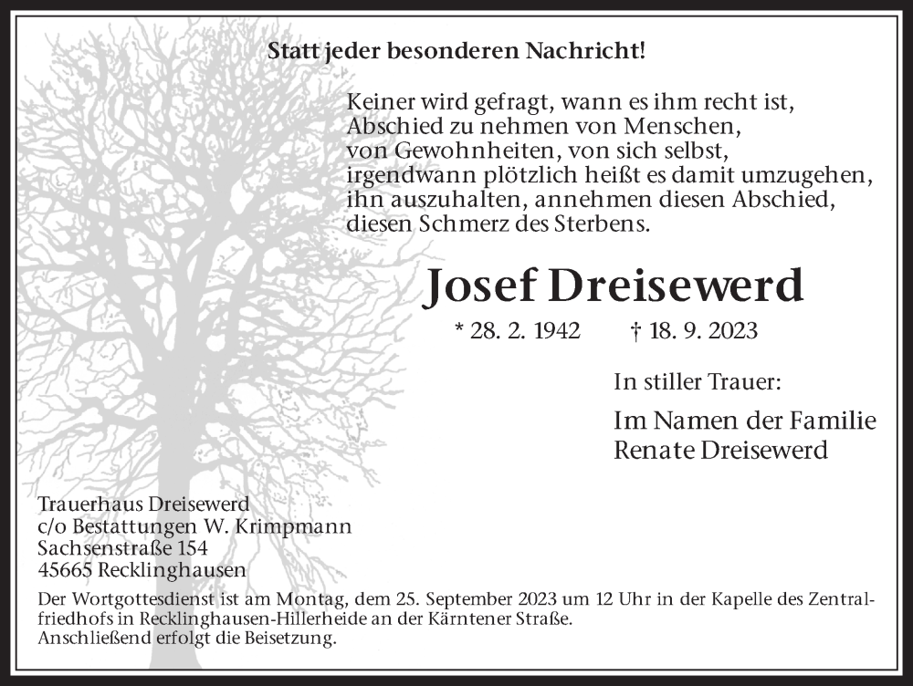  Traueranzeige für Josef Dreisewerd vom 21.09.2023 aus Medienhaus Bauer