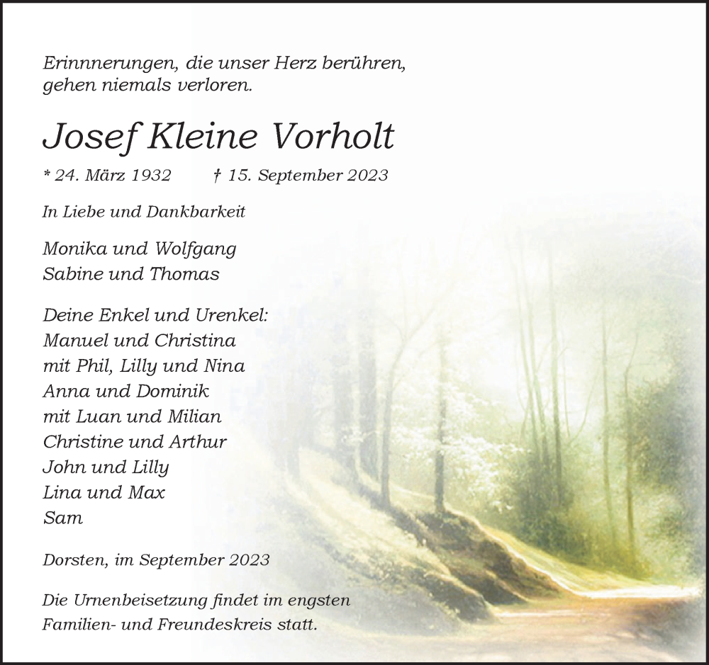  Traueranzeige für Josef Kleine Vorholt vom 19.09.2023 aus Ruhr Nachrichten und Dorstener Zeitung
