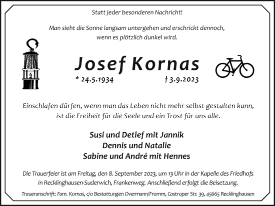 Traueranzeige von Josef Kornas von Medienhaus Bauer