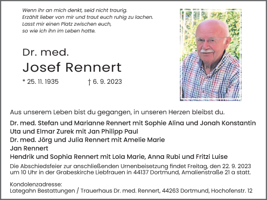 Traueranzeige von Josef Rennert 