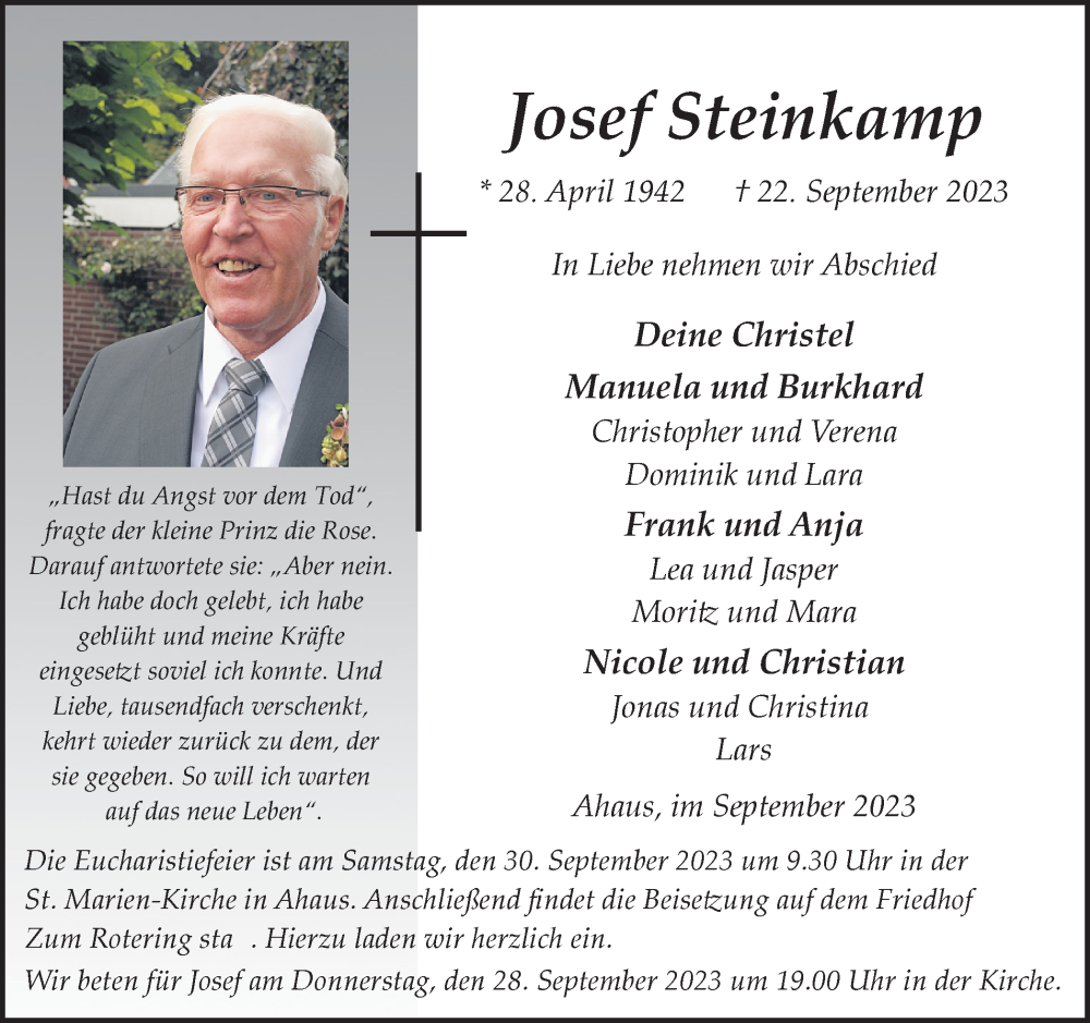  Traueranzeige für Josef Steinkamp vom 27.09.2023 aus Münstersche Zeitung und Münsterland Zeitung