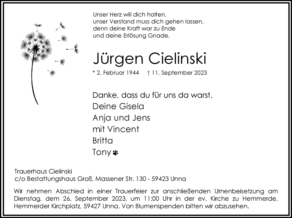  Traueranzeige für Jürgen Cielinski vom 16.09.2023 aus Hellweger Anzeiger