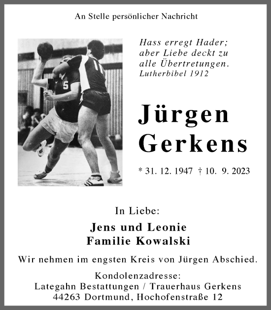 Traueranzeige von Jürgen Gerkens 