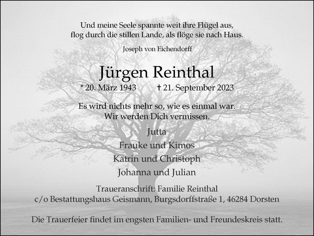  Traueranzeige für Jürgen Reinthal vom 23.09.2023 aus Ruhr Nachrichten und Dorstener Zeitung