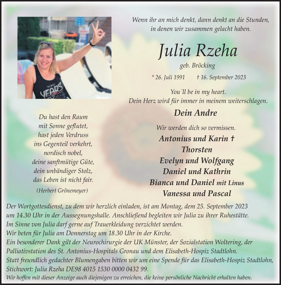  Traueranzeige für Julia Rzeha vom 20.09.2023 aus Münstersche Zeitung und Münsterland Zeitung