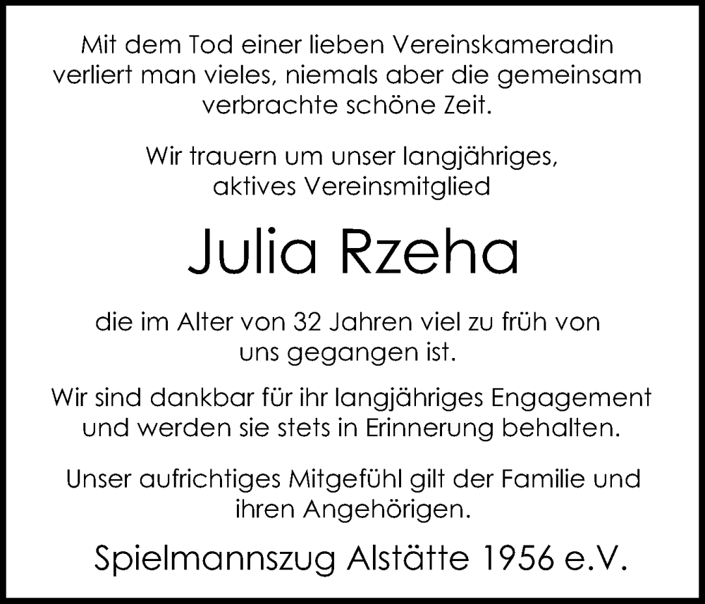  Traueranzeige für Julia Rzeha vom 23.09.2023 aus Münstersche Zeitung und Münsterland Zeitung