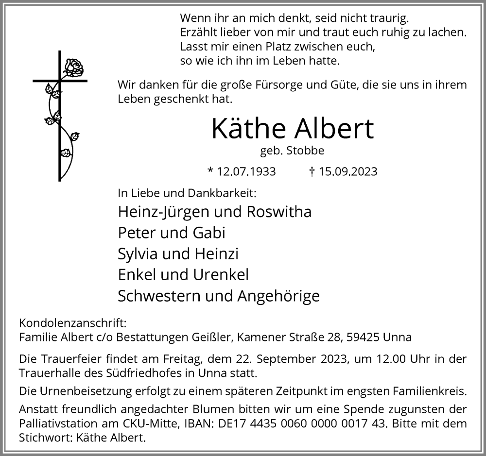  Traueranzeige für Käthe Albert vom 19.09.2023 aus Hellweger Anzeiger