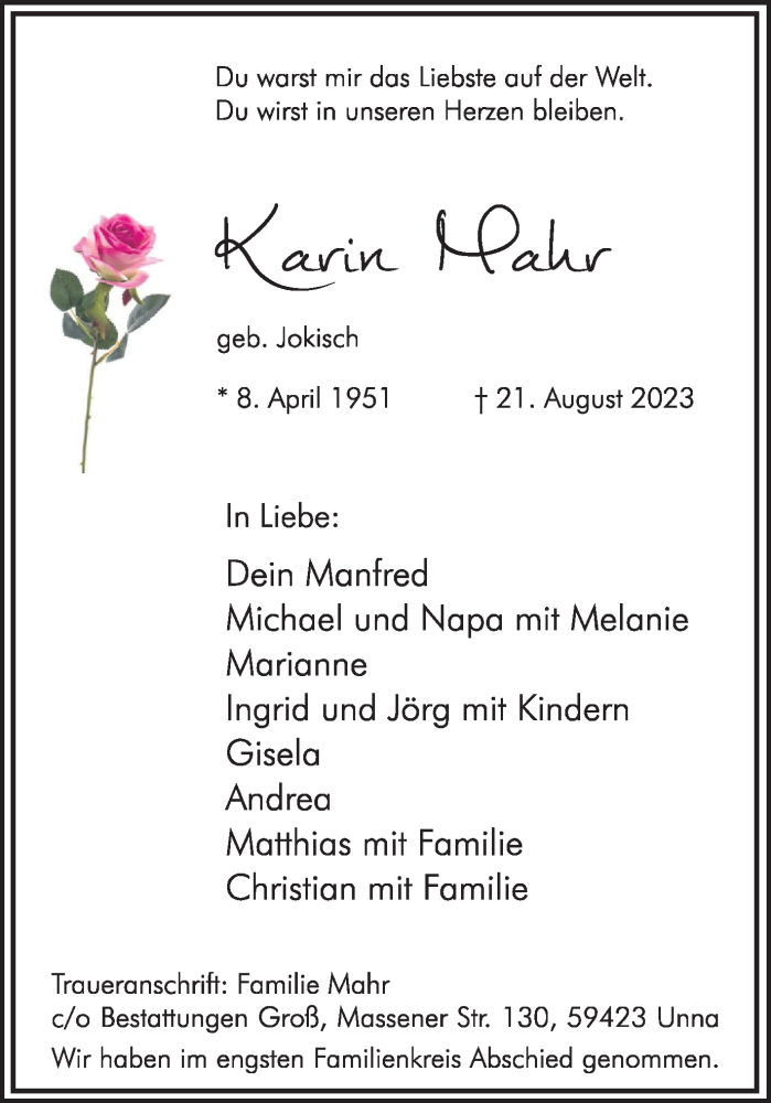  Traueranzeige für Karin Mahr vom 02.09.2023 aus Hellweger Anzeiger