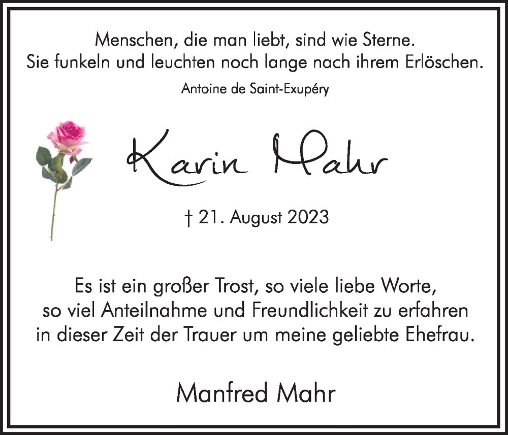  Traueranzeige für Karin Mahr vom 23.09.2023 aus Hellweger Anzeiger