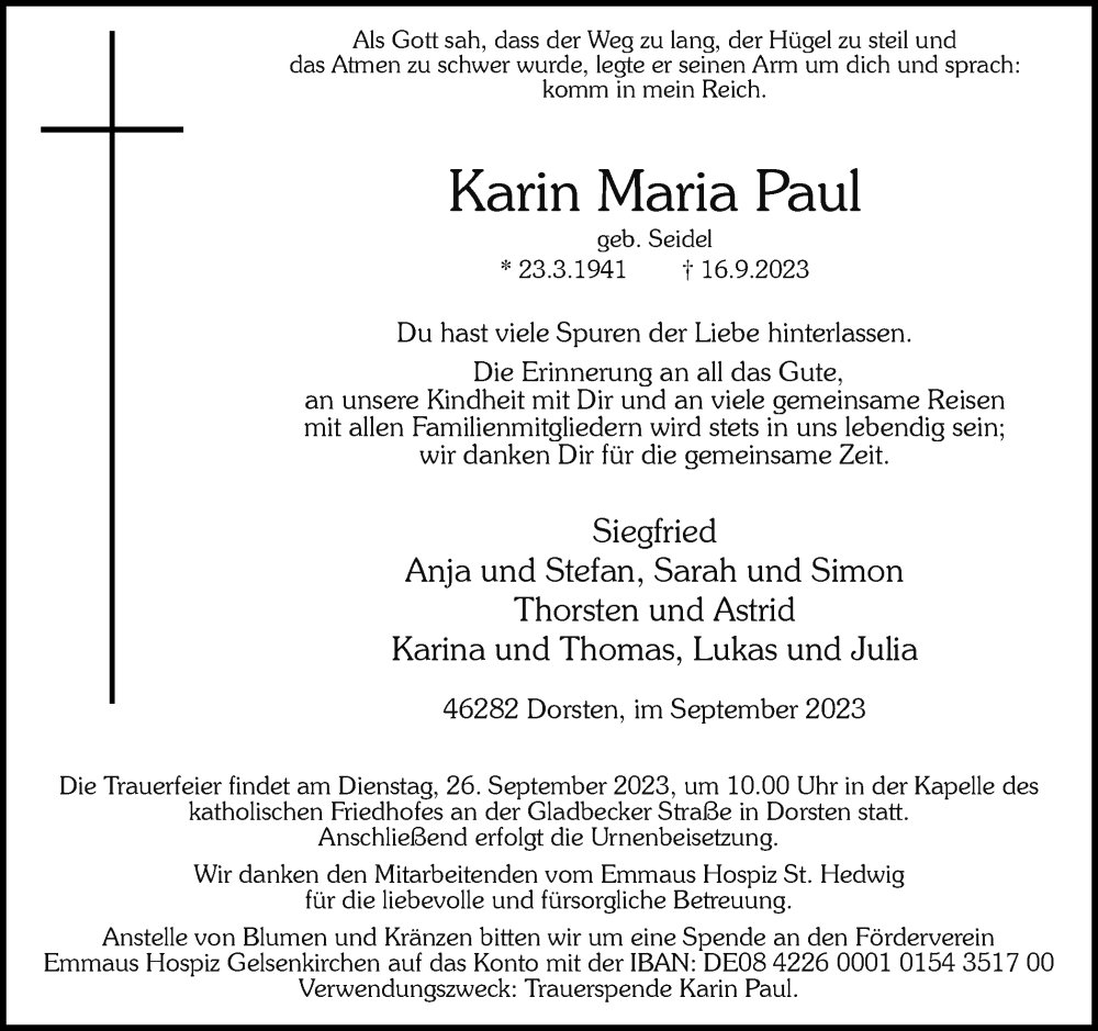  Traueranzeige für Karin Maria Paul vom 23.09.2023 aus Ruhr Nachrichten und Dorstener Zeitung