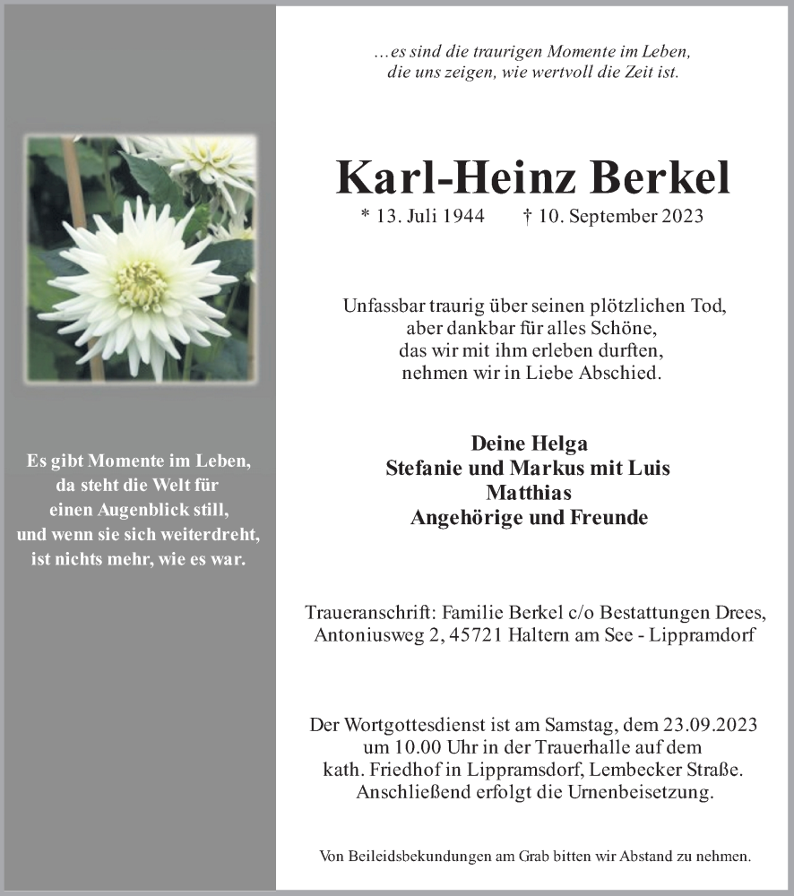  Traueranzeige für Karl-Heinz Berkel vom 13.09.2023 aus Ruhr Nachrichten und Halterner Zeitung