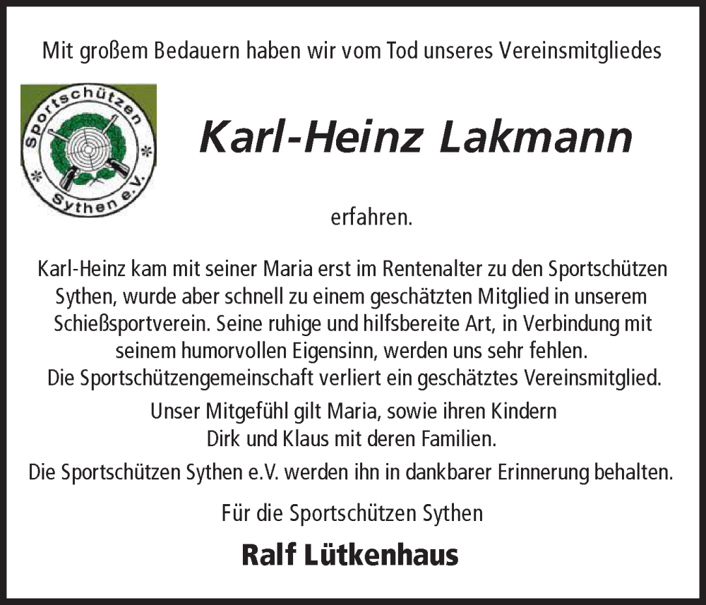  Traueranzeige für Karl-Heinz Lakmann vom 20.09.2023 aus Ruhr Nachrichten und Halterner Zeitung