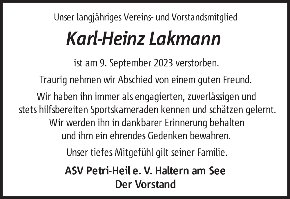  Traueranzeige für Karl-Heinz Lakmann vom 20.09.2023 aus Ruhr Nachrichten und Halterner Zeitung