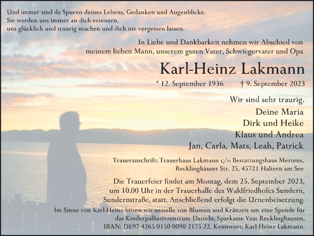  Traueranzeige für Karl-Heinz Lakmann vom 16.09.2023 aus Ruhr Nachrichten und Halterner Zeitung