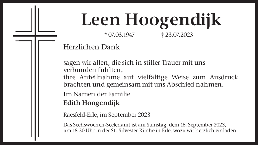  Traueranzeige für Leen Hoogendijk vom 13.09.2023 aus Ruhr Nachrichten und Dorstener Zeitung
