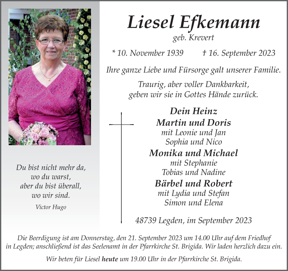  Traueranzeige für Liesel Efkemann vom 19.09.2023 aus Münstersche Zeitung und Münsterland Zeitung