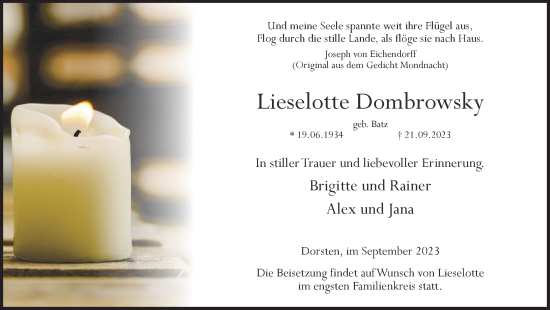 Traueranzeige von Lieselotte Dombrowsky von Ruhr Nachrichten und Dorstener Zeitung