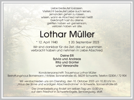 Traueranzeige von Lothar Müller von Ruhr Nachrichten