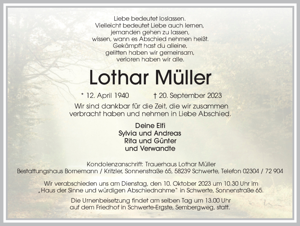  Traueranzeige für Lothar Müller vom 23.09.2023 aus Ruhr Nachrichten