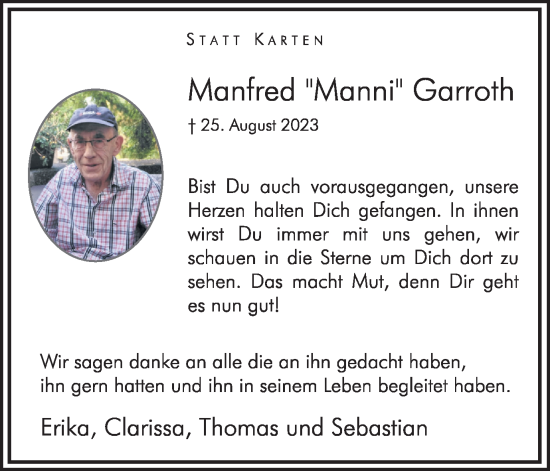 Traueranzeige von Manfred Garroth von Hellweger Anzeiger