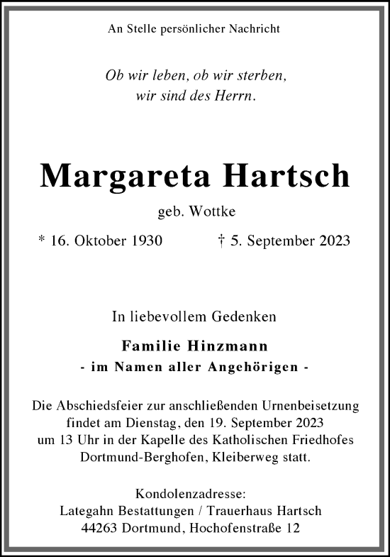 Traueranzeige von Margareta Hartsch 