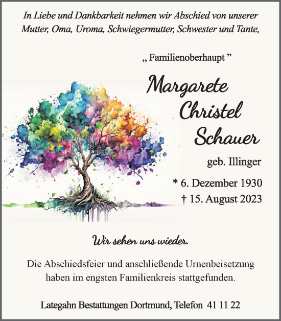 Traueranzeige von Margarete Christel Schauer 