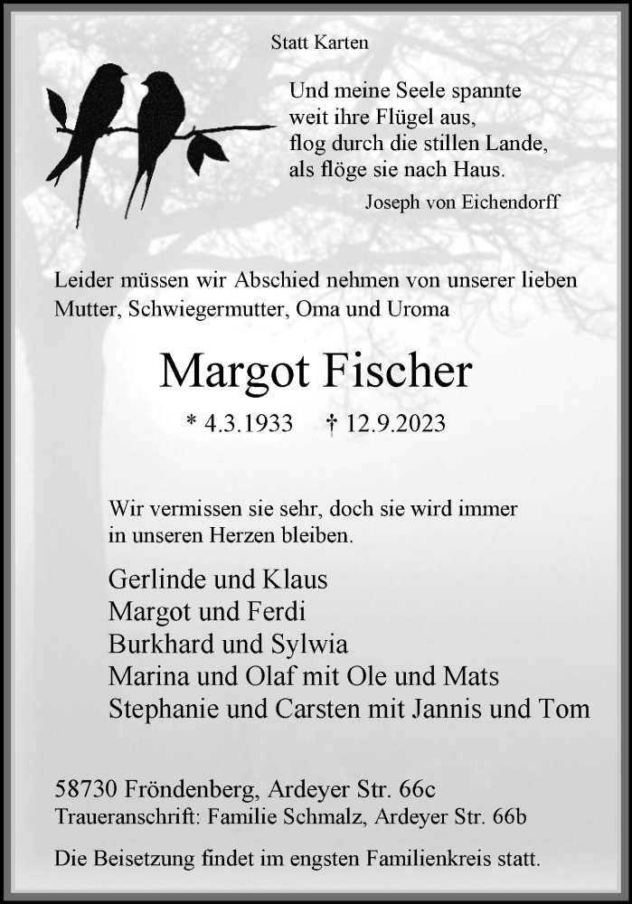  Traueranzeige für Margot Fischer vom 16.09.2023 aus Hellweger Anzeiger
