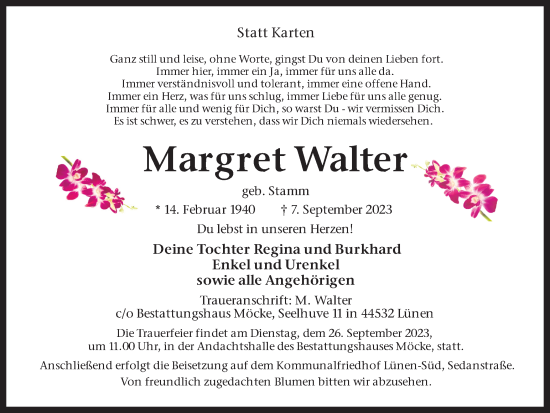 Traueranzeige von Margret Walter von Ruhr Nachrichten