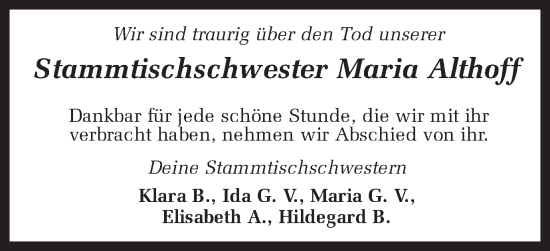 Traueranzeige von Maria Althoff von Münstersche Zeitung und Münsterland Zeitung