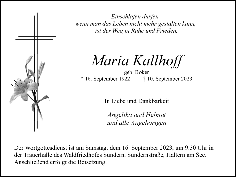  Traueranzeige für Maria Kallhoff vom 12.09.2023 aus Ruhr Nachrichten und Halterner Zeitung