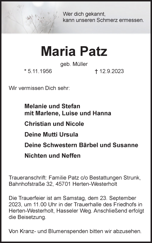  Traueranzeige für Maria Patz vom 20.09.2023 aus Medienhaus Bauer