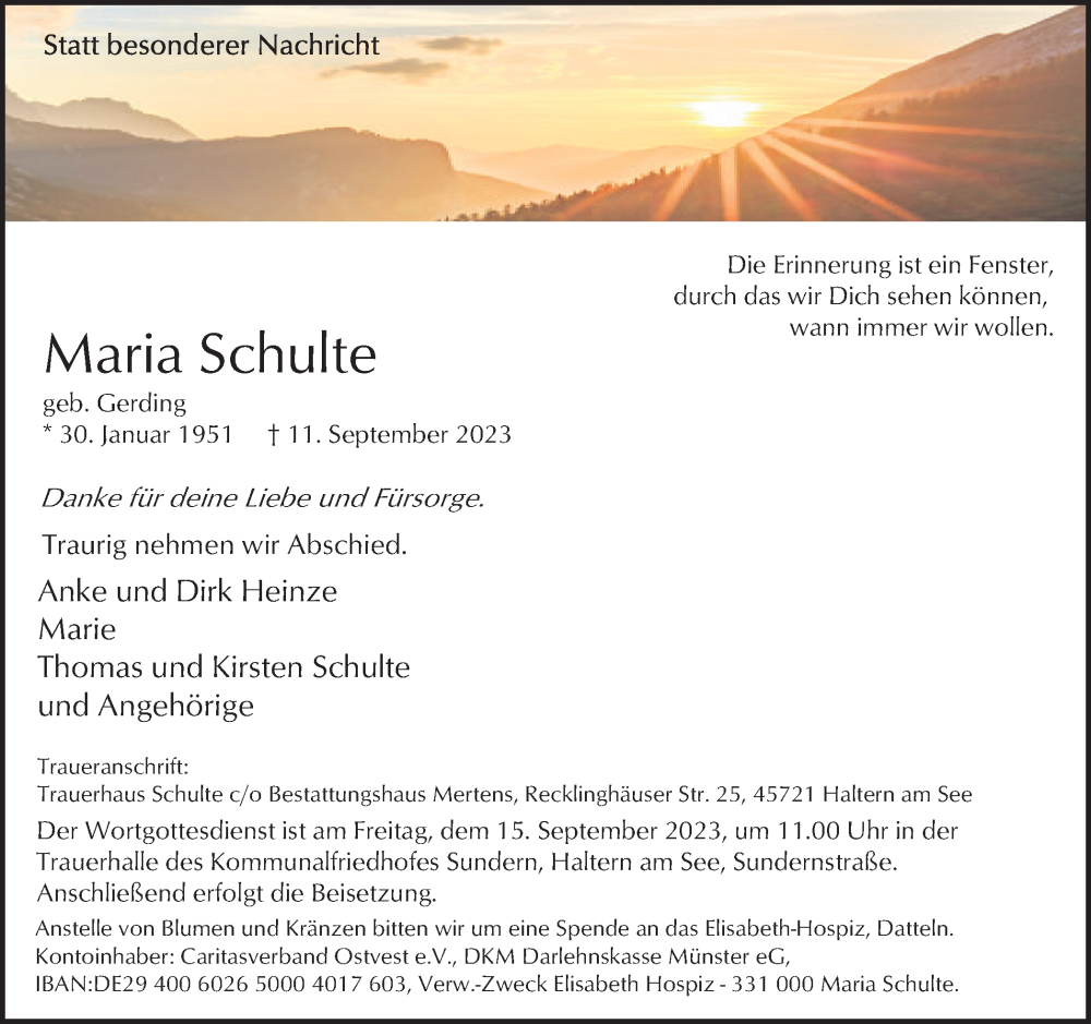  Traueranzeige für Maria Schulte vom 13.09.2023 aus Ruhr Nachrichten und Halterner Zeitung