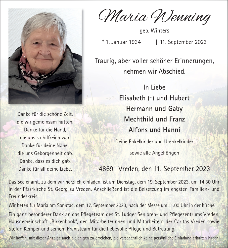  Traueranzeige für Maria Wenning vom 16.09.2023 aus Münstersche Zeitung und Münsterland Zeitung