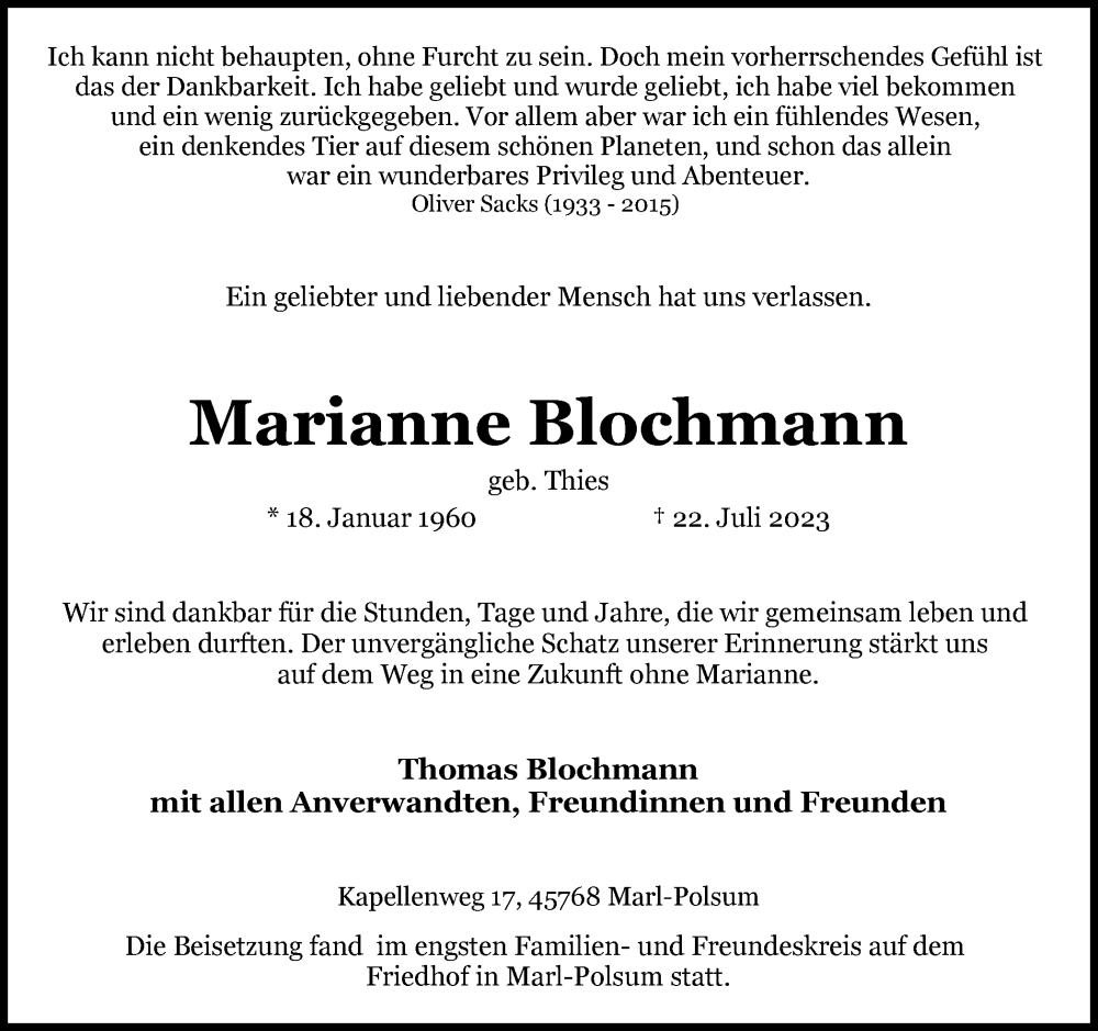  Traueranzeige für Marianne Blochmann vom 02.09.2023 aus Medienhaus Bauer