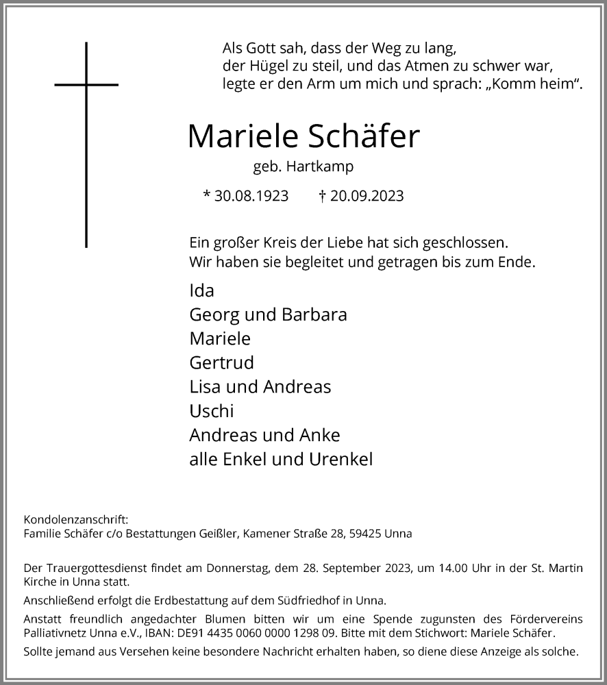  Traueranzeige für Mariele Schäfer vom 23.09.2023 aus Hellweger Anzeiger