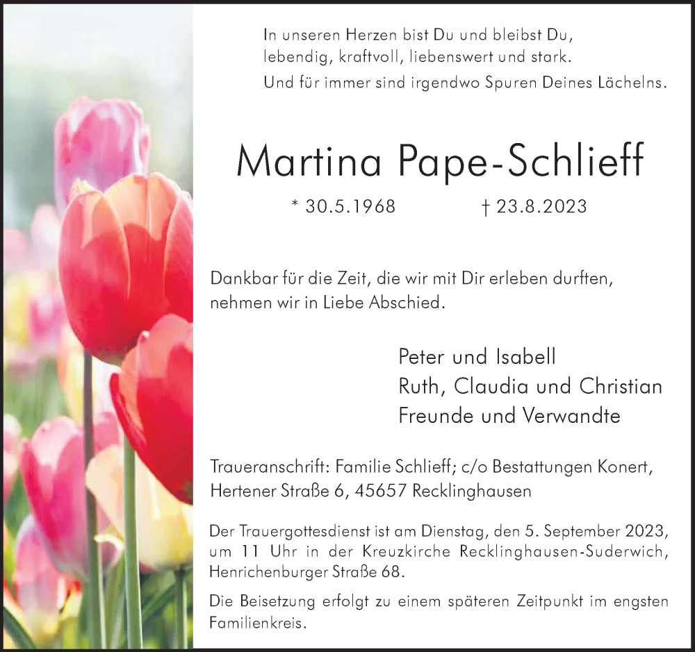  Traueranzeige für Martina Pape-Schlieff vom 02.09.2023 aus Medienhaus Bauer