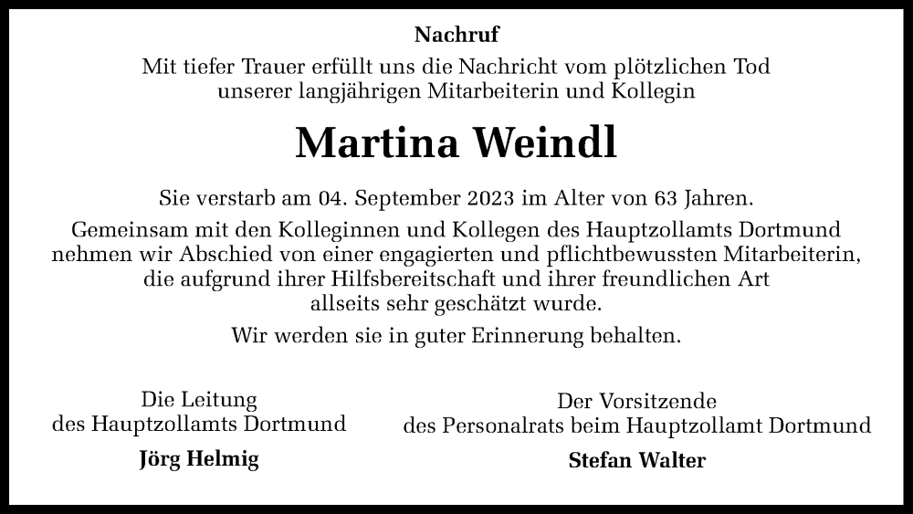  Traueranzeige für Martina Weindl vom 16.09.2023 aus 